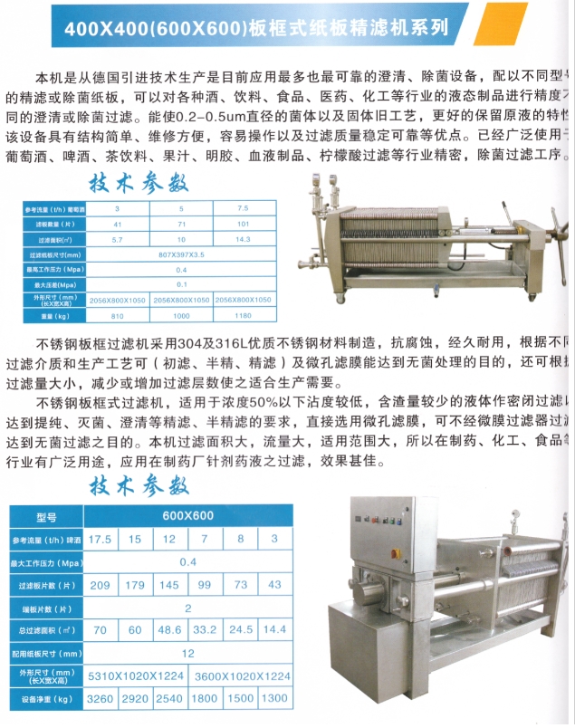 400X400(600X600)板框式紙板精濾機系列2